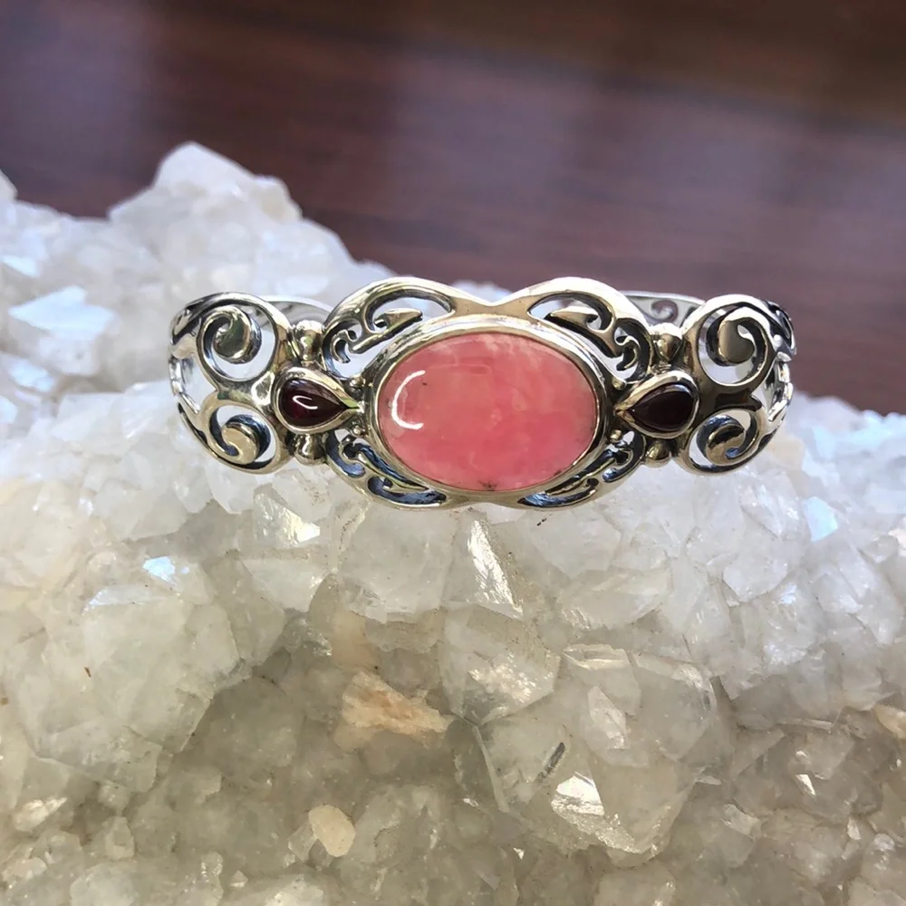 Carolyn Pollack Sterling Silver Rhodochrosite Garnet Gemstone Cuff Bracelet